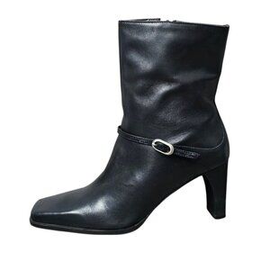 Markon Frannie Leather Buckle Square Toe Black Zip Up Heel Boot